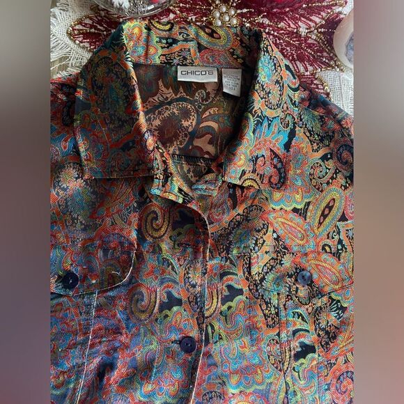 Chico's Jacket Womans Sz M Silk Blend Paisley Multicolor Metallic Button Pocket - Picture 9 of 16